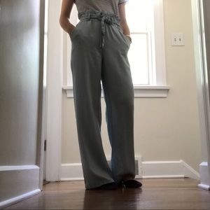 Light blue, wide leg, paper bag pants.